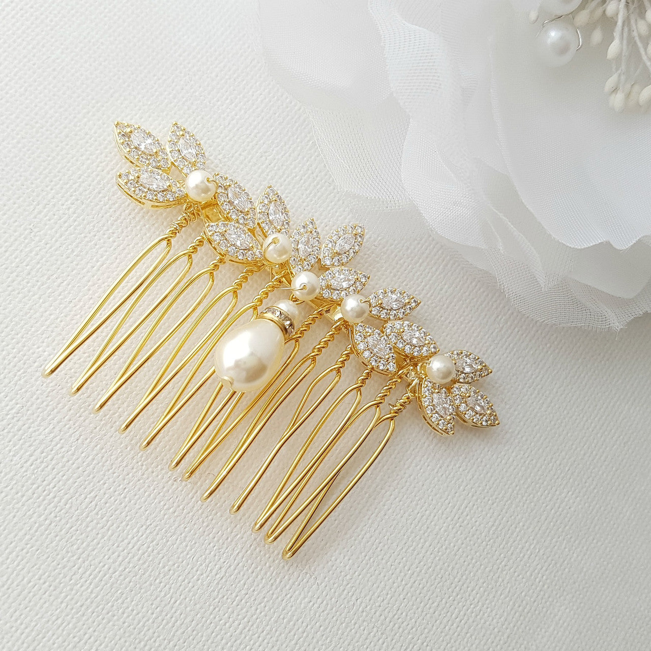 Leaf Design Rose Gold Pearl Wedding Hair Comb-Abby