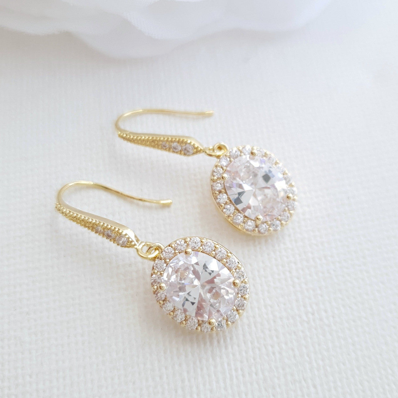 14K gold Plated with oval cz dangle earrings brides and weddings- Poetry Designs