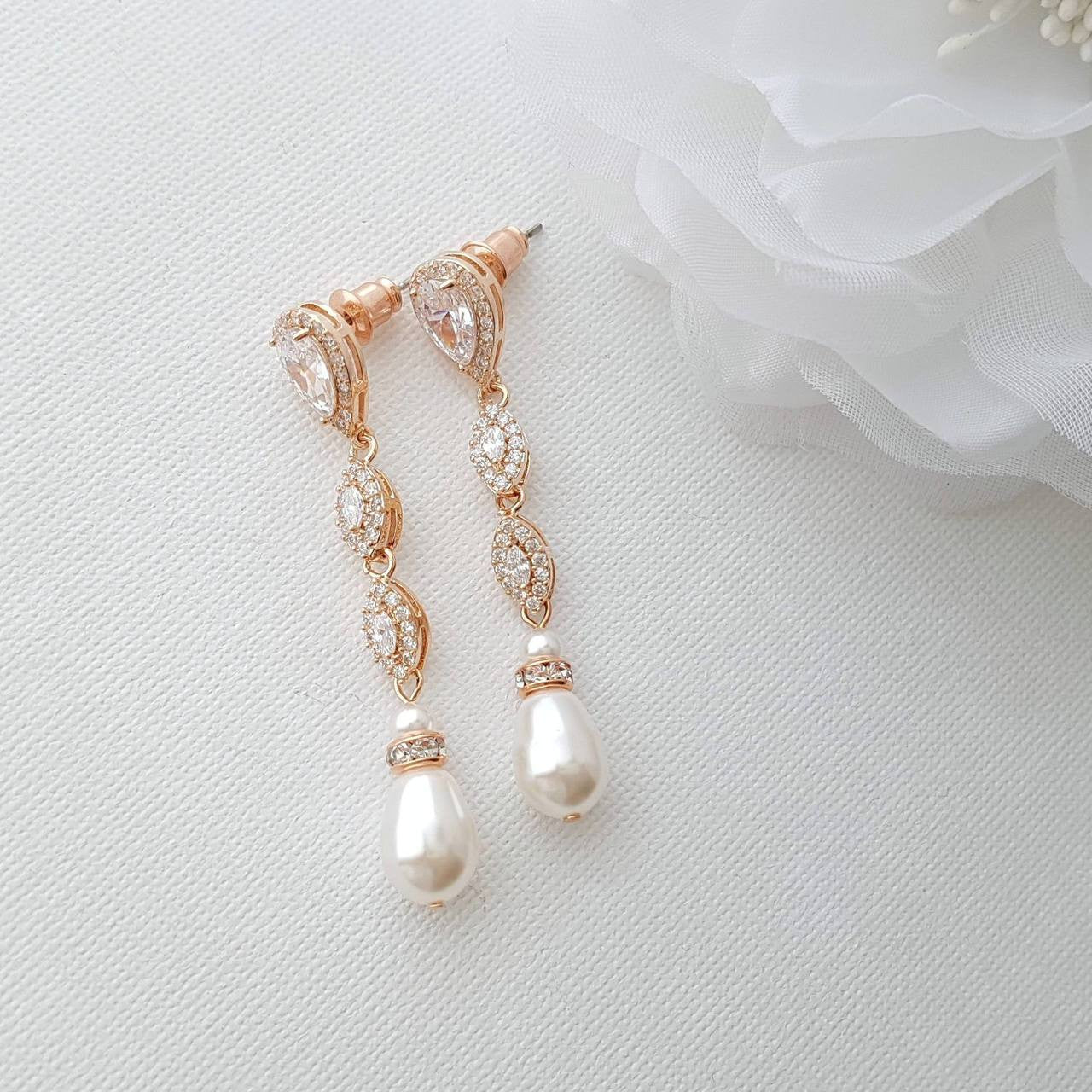 Rose Gold Pearl Earrings-Abby