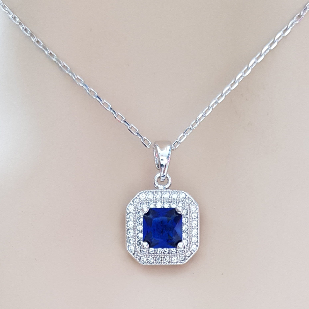 Blue Sapphire Cubic Zirconia Necklace Pendant- Quad Blue
