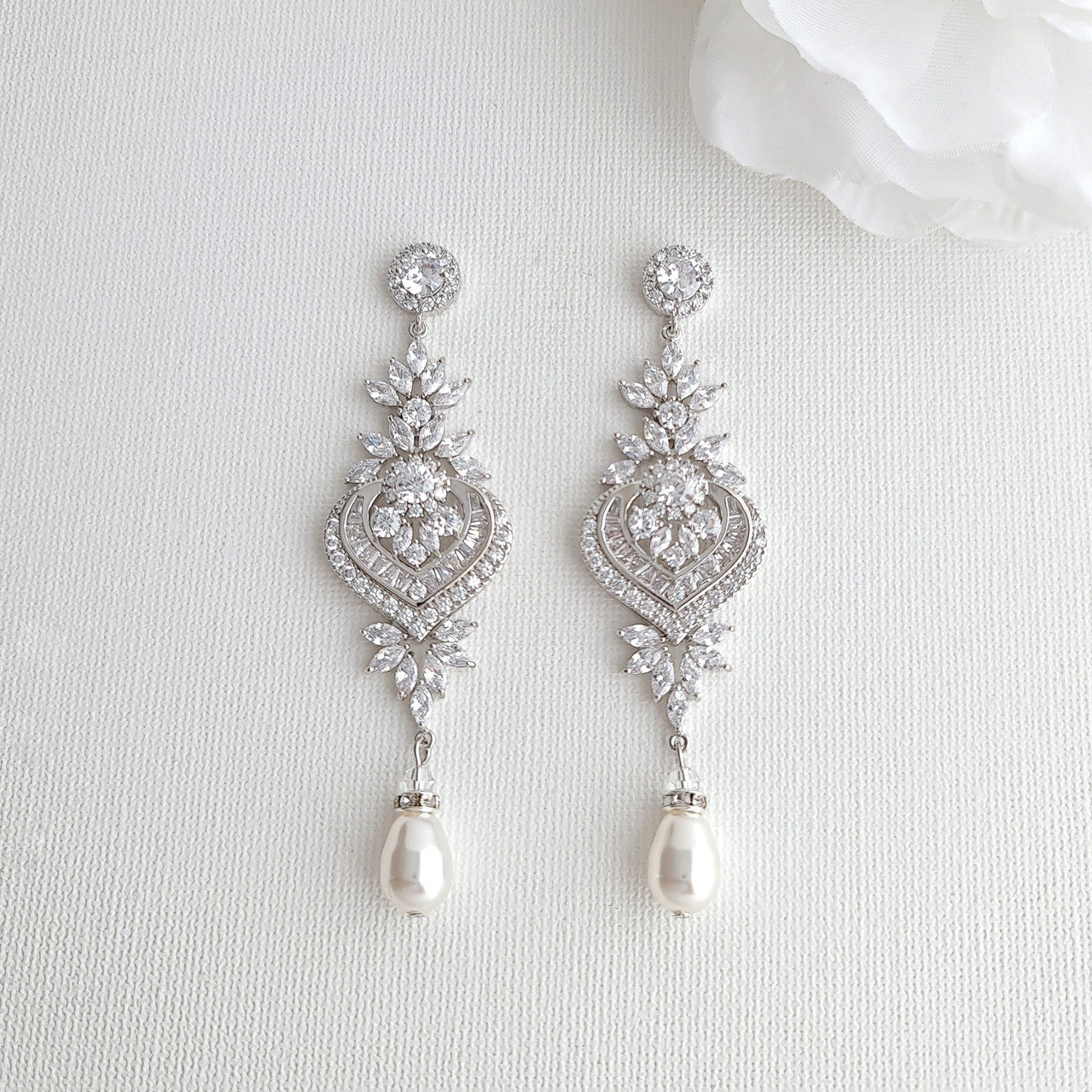 Long Cubic Zirconia Chandelier Wedding Earrings- Poetry Designs