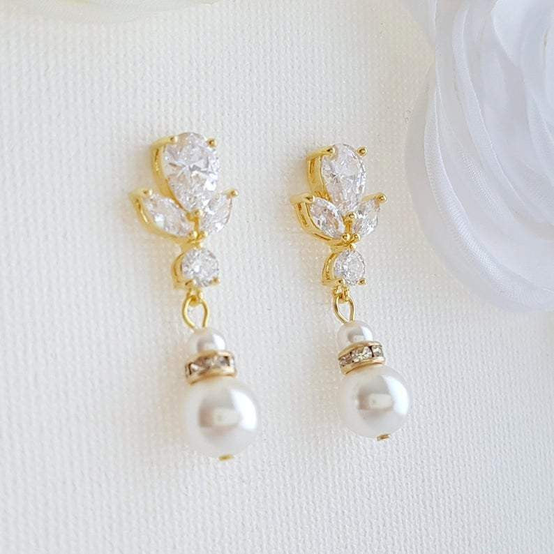 Bridal Earrings in Rose Gold and Pearl Drops-Nicole