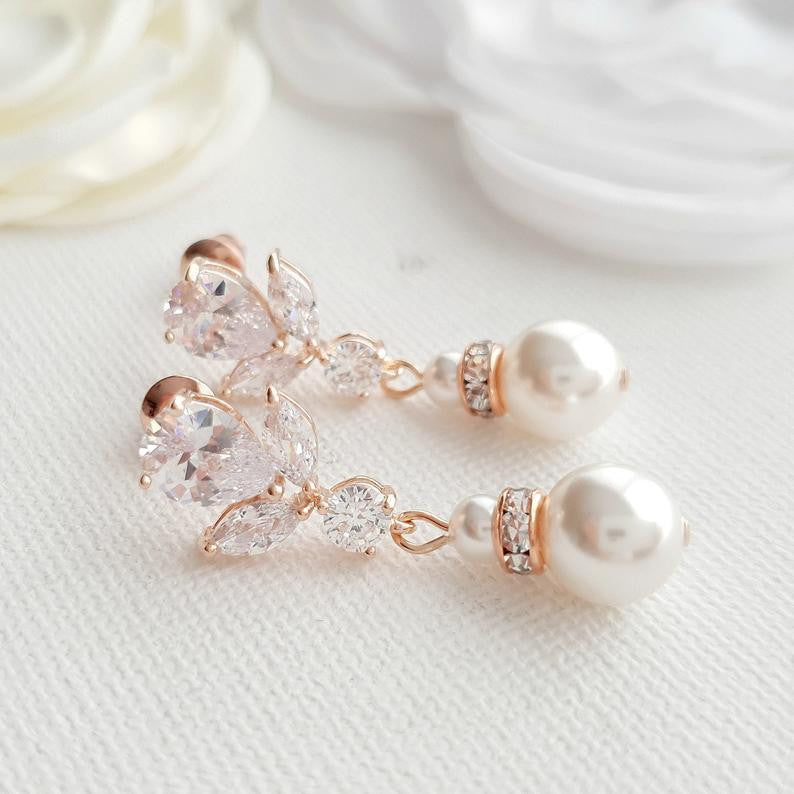 Gold Earrings for Weddings with Pearl Drops-Nicole