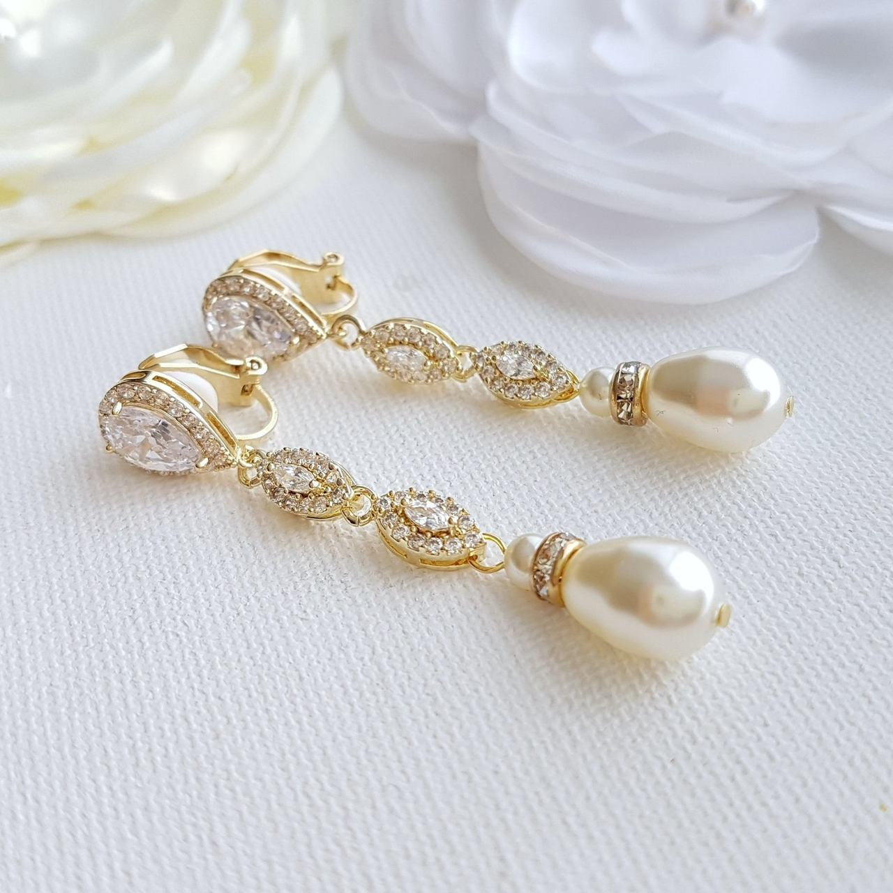 Pearl Drop Clip On Earrings in Silver-Abby