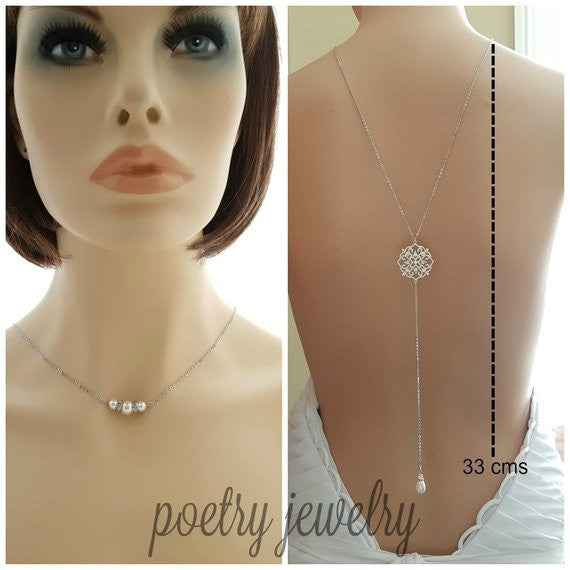 Long Back Necklace for Wedding, Prom, Event Backless Dresses-Sadie