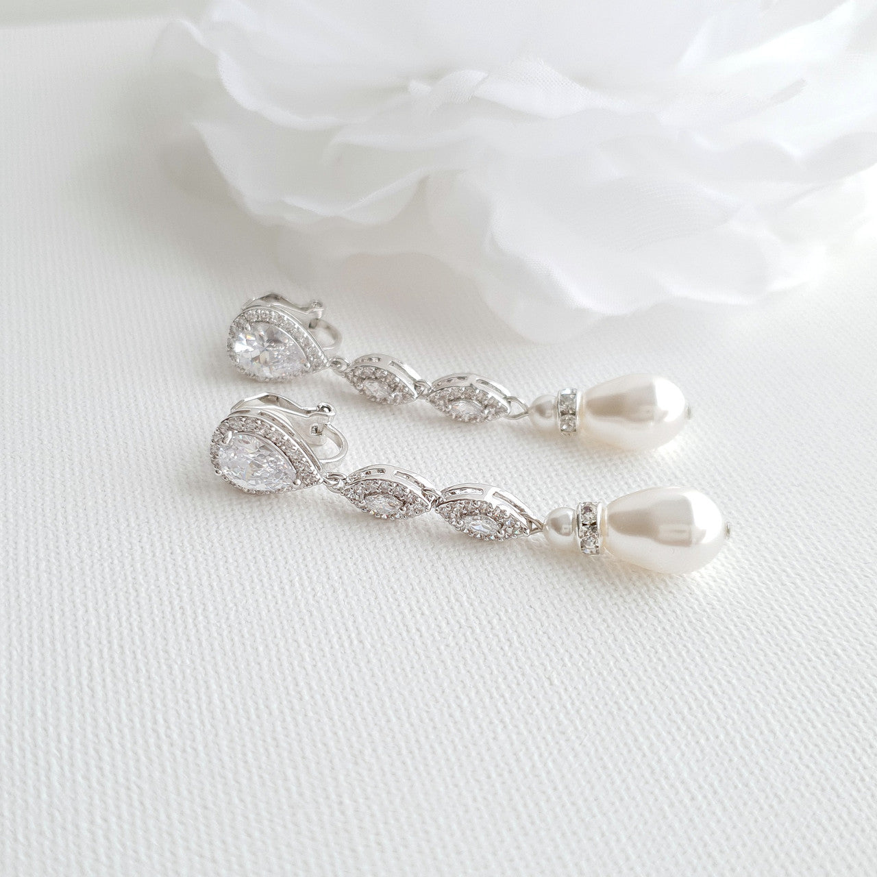 Pearl Drop Clip On Earrings in Silver-Abby