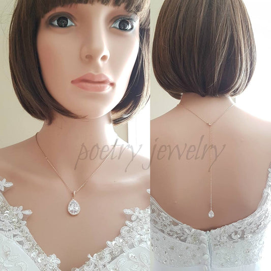 Simple Rose Gold Wedding Back Necklace-Evelyn