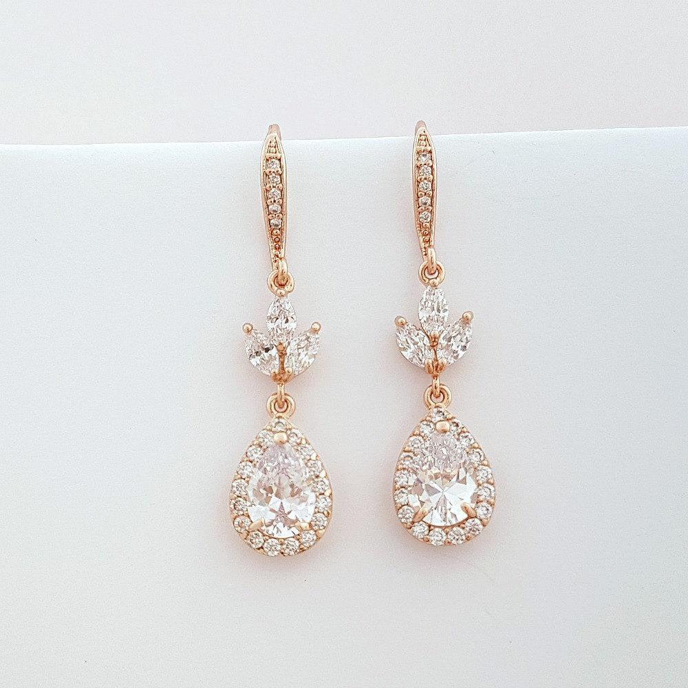 Bridal Rose Gold Teardrop Earrings Wedding Jewelry Rose Gold Crystal Drop Earrings, Lotus Earrings