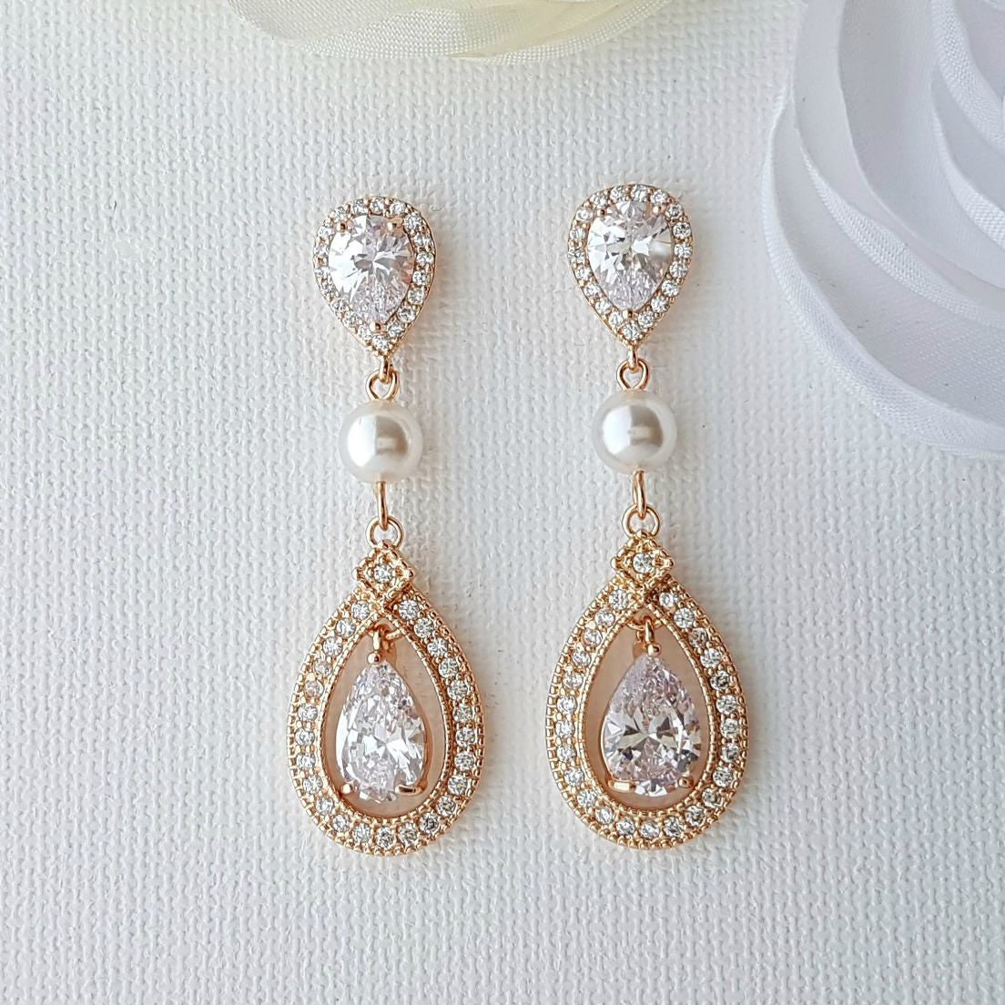 Crystal CLIP ON Wedding Earrings Bridal Earrings Cubic Zirconia  Pearl Rose Gold Halo Style Drop Earrings Bridal Jewelry, Sarah