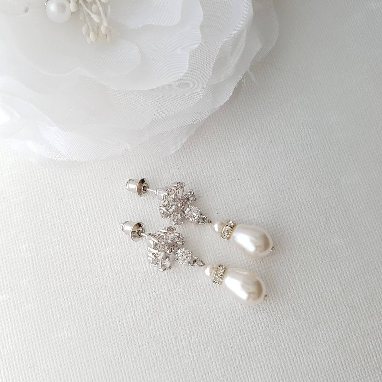 Pearl Drop Earrings for Weddings with Flower Ear Posts-Lila