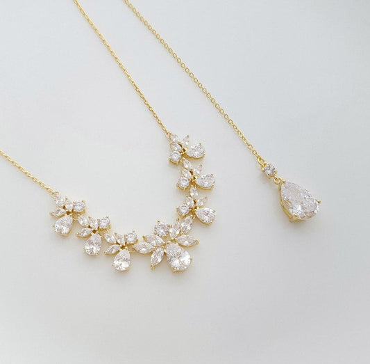 Gold Bridal Necklace, Gold Crystal Back drop Necklace, Gold Wedding Back Necklace, Gold Wedding Bridal Jewelry, Nicole