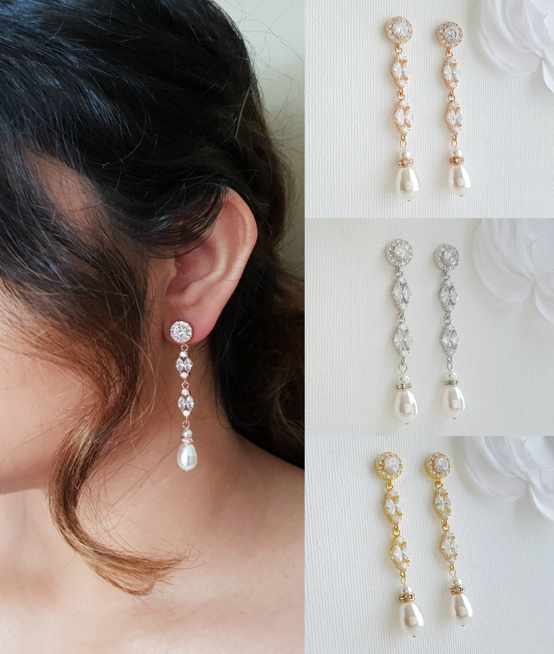 Silver, gold and  rose gold long pearl drop bridal earrings- Poetry Designs