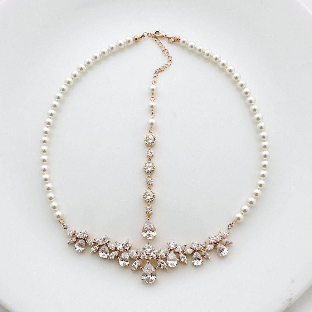 Rose Gold Backdrop Necklace, Bridal Back Necklace, Crystal Pearl Wedding Necklace, Romantic Wedding Necklace Bridal Jewelry, Nicole