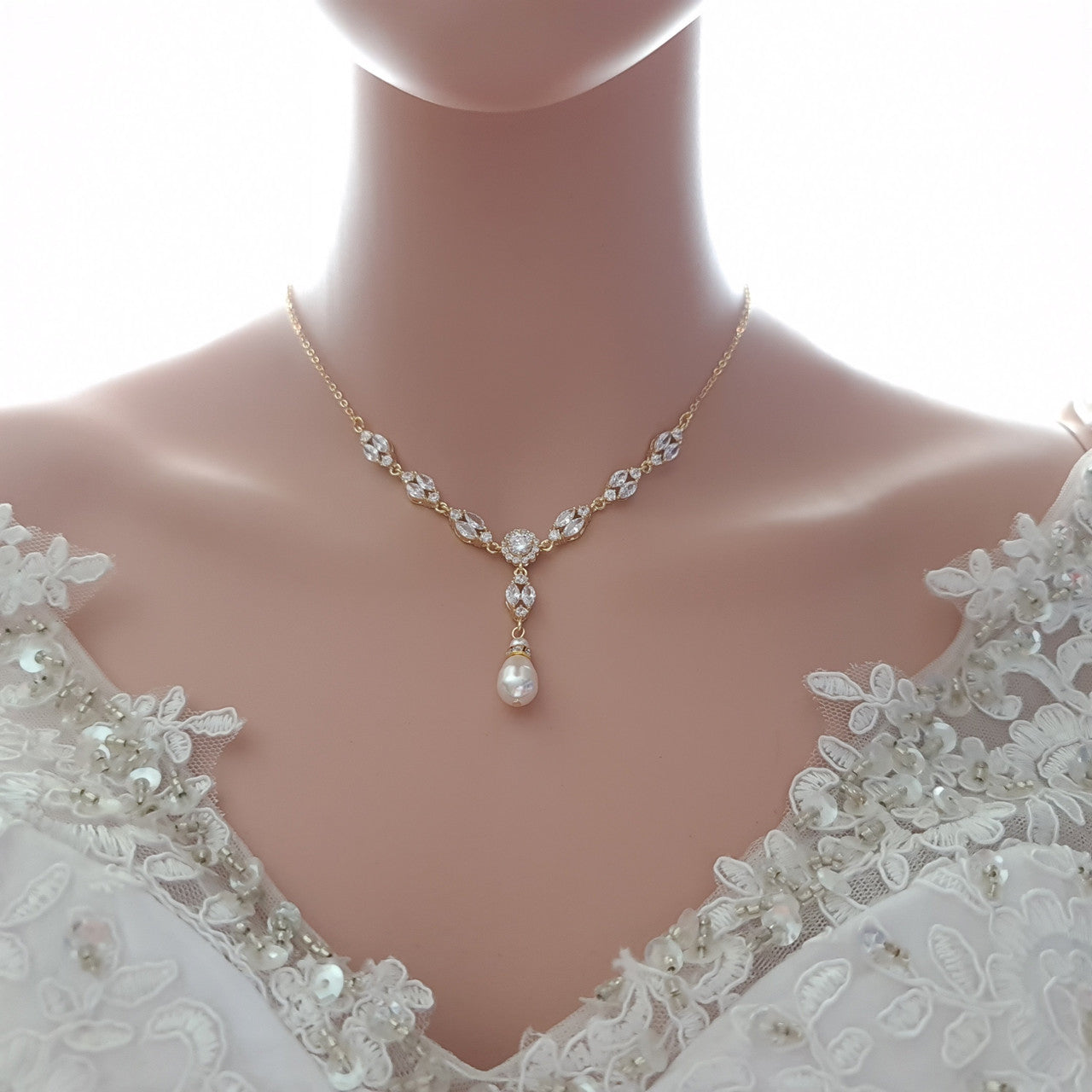 Bridal Back Necklace with Pearl & Crystal Backdrop for Weddings- Hayley
