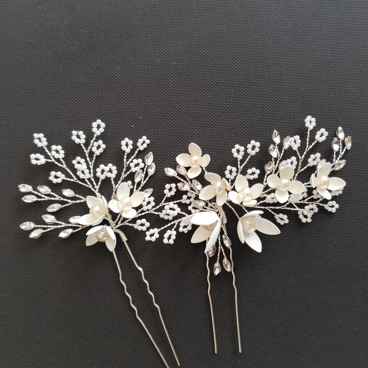 Small White Flowers Bridal Hair Pins With Pearls- Iris