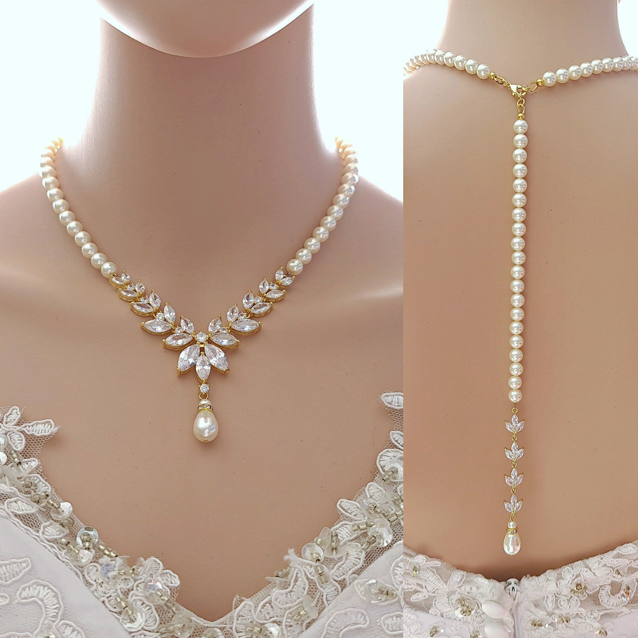 Pearl Strand & Crystal Gold Necklace for Wedding with Backdrop-Katie