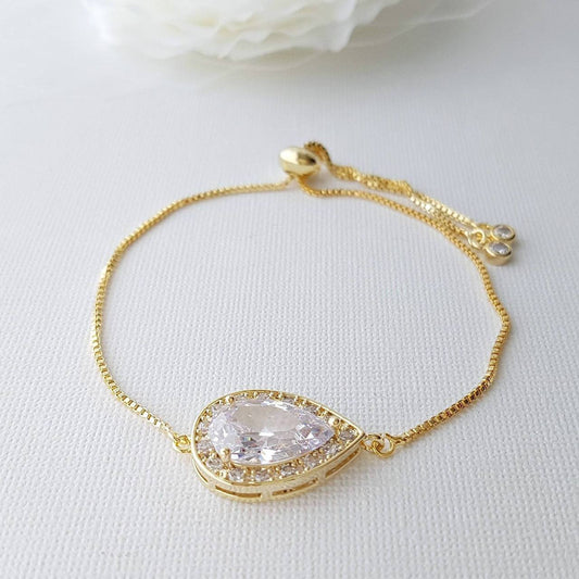 Simple Wedding Bracelet Gold, Gold Bridal Bracelet, Teardrop, Crystal Adjustable Bracelet, Gold Bridesmaid Bracelet, Wedding Jewelry, Evelyn