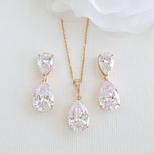 Clear Cubic Zirconia Earrings and Necklace Set in Rose Gold-Clara