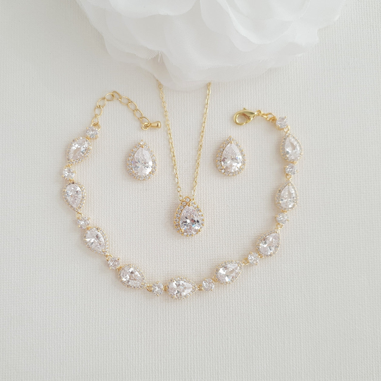 Simple Bridal Jewellery Set with Stud Earrings Necklace Bracelet-Emma