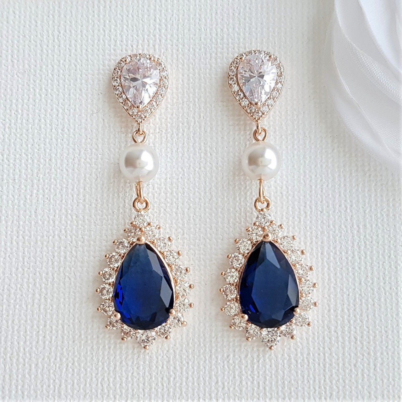 Blue and Rose Gold Crystal Earrings with Pearls Weddings- Poetry Designs