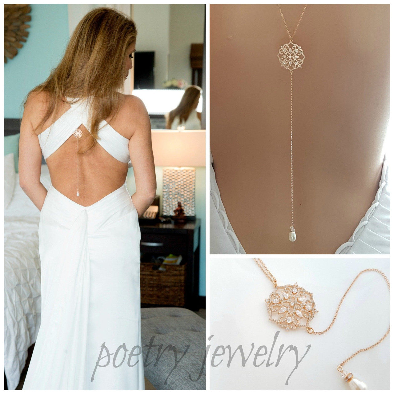 Long Back Necklace for Wedding, Prom, Event Backless Dresses-Sadie