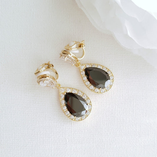 Cubic Zirconia Teardrop Clip On Earrings in Black & Gold- Zoe