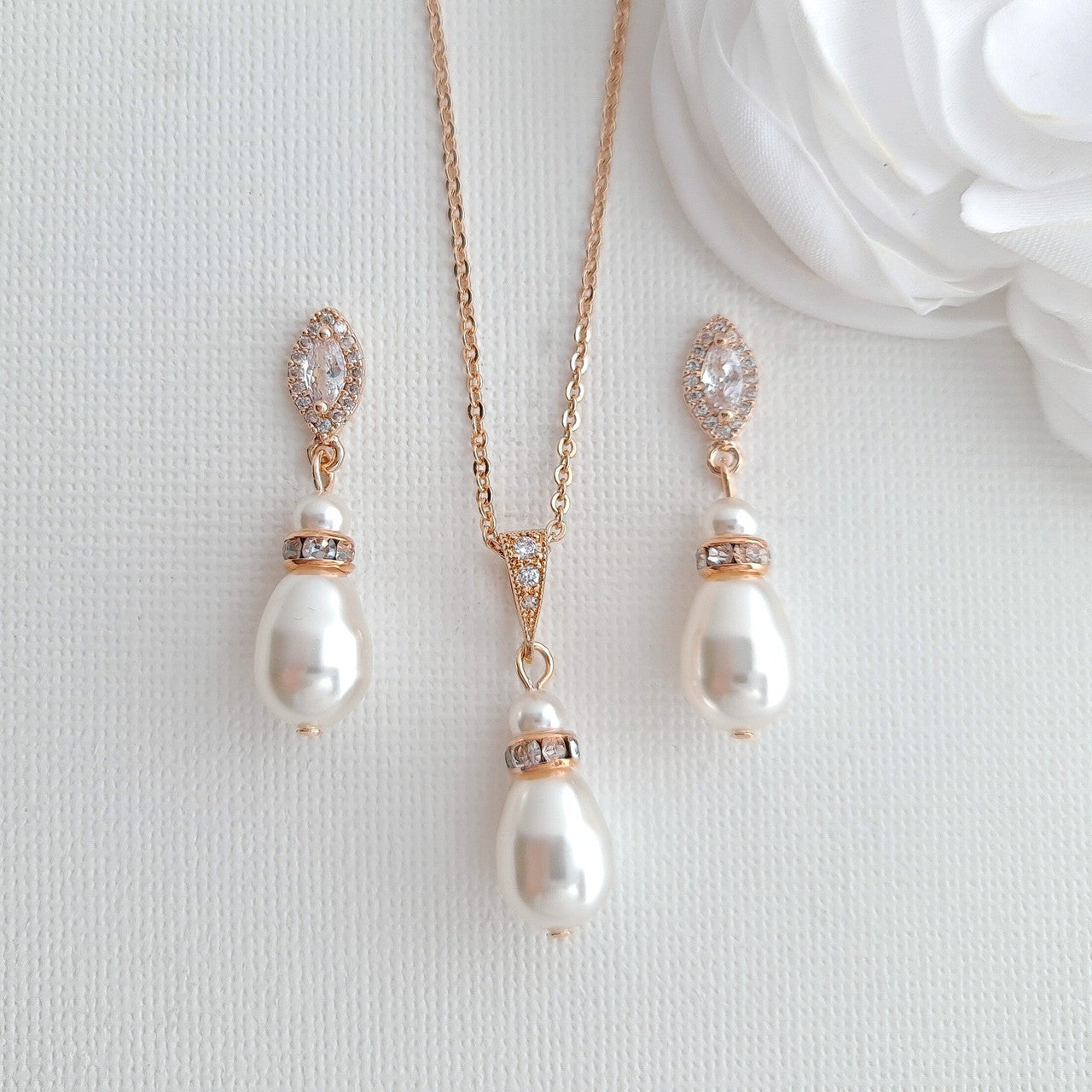 Pearl Jewellery Set with Teardrop Pearl Pendant and Earrings for Brides- Ella