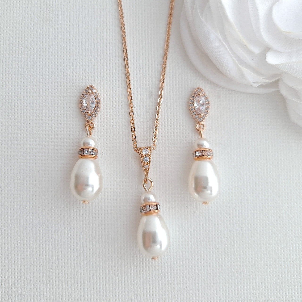 Pearl Jewellery Set with Teardrop Pearl Pendant and Earrings for Brides- Ella