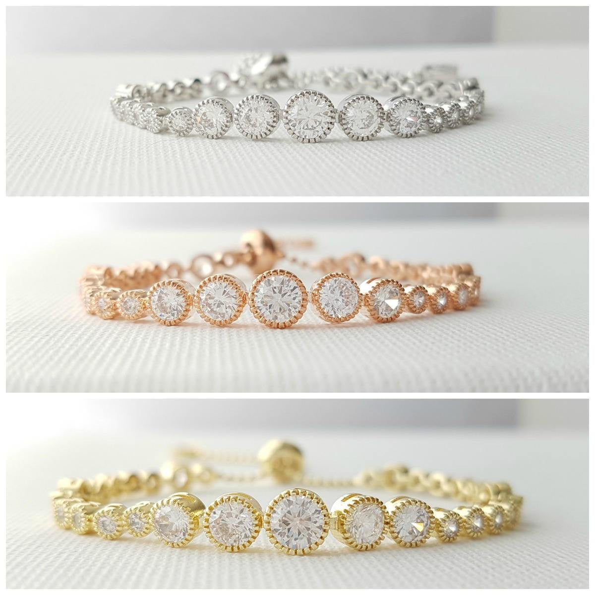 Crystal Bridal Bracelet, Simple Bridesmaid Bracelet, Tennis Bracelet, Adjustable Wedding Bracelet, Rose Gold, Gold, Bridal Jewelry, Zara