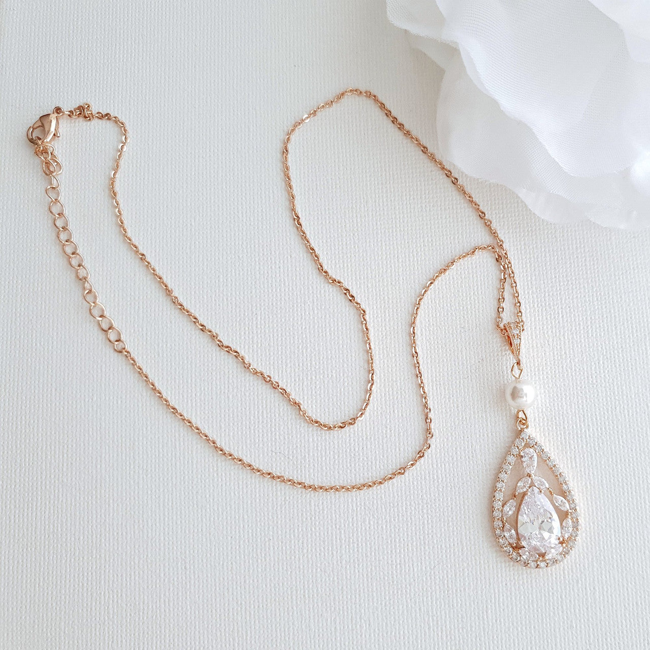 Bridal Pendant Necklace with Teardrop CZ Crystals-Esther