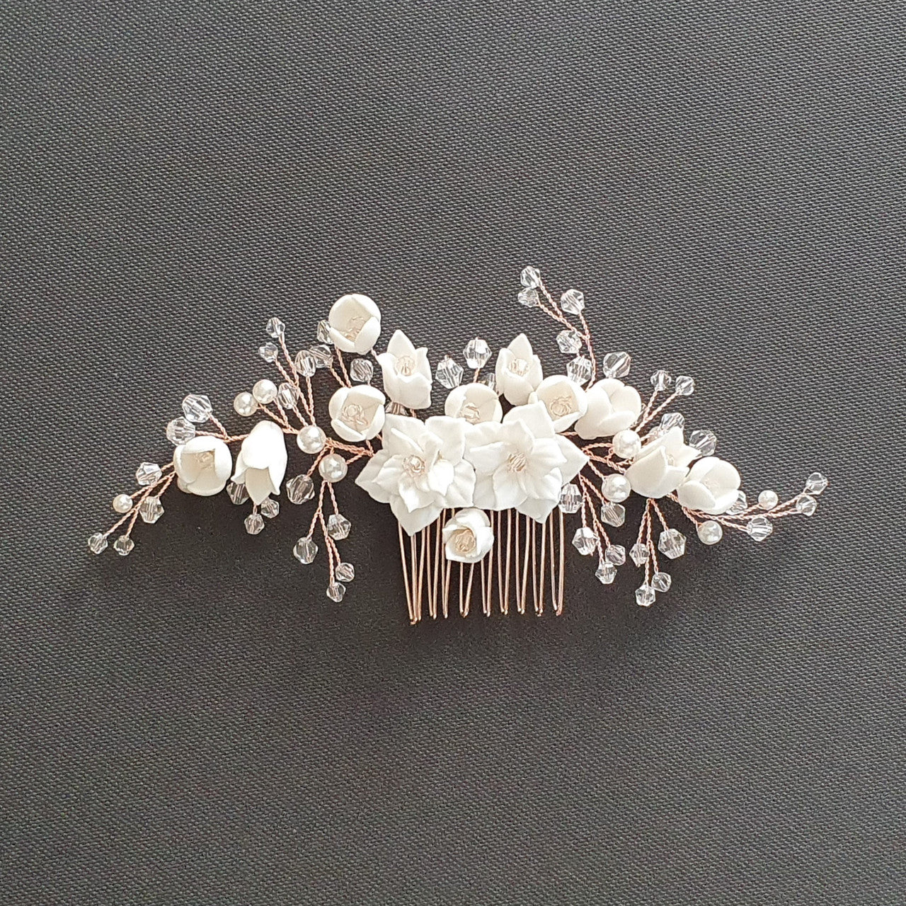 Flower and Crystal Bridal Hair Comb in Silver-Tulip