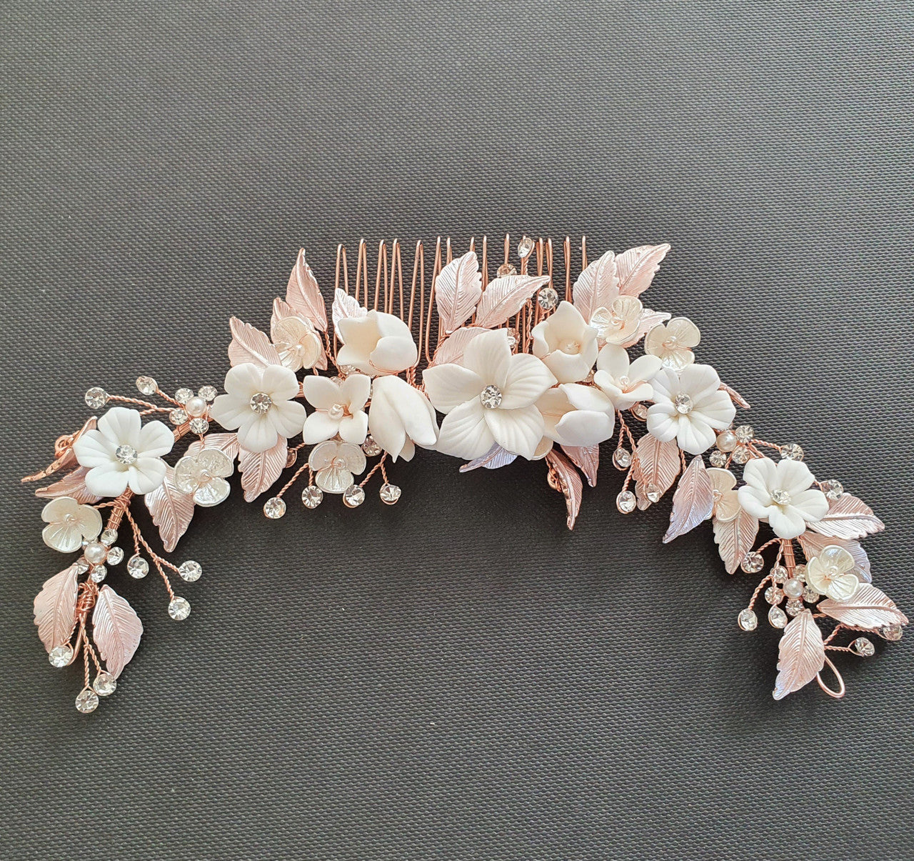 Rose Gold Hair Comb with White Flowers-Daffodil