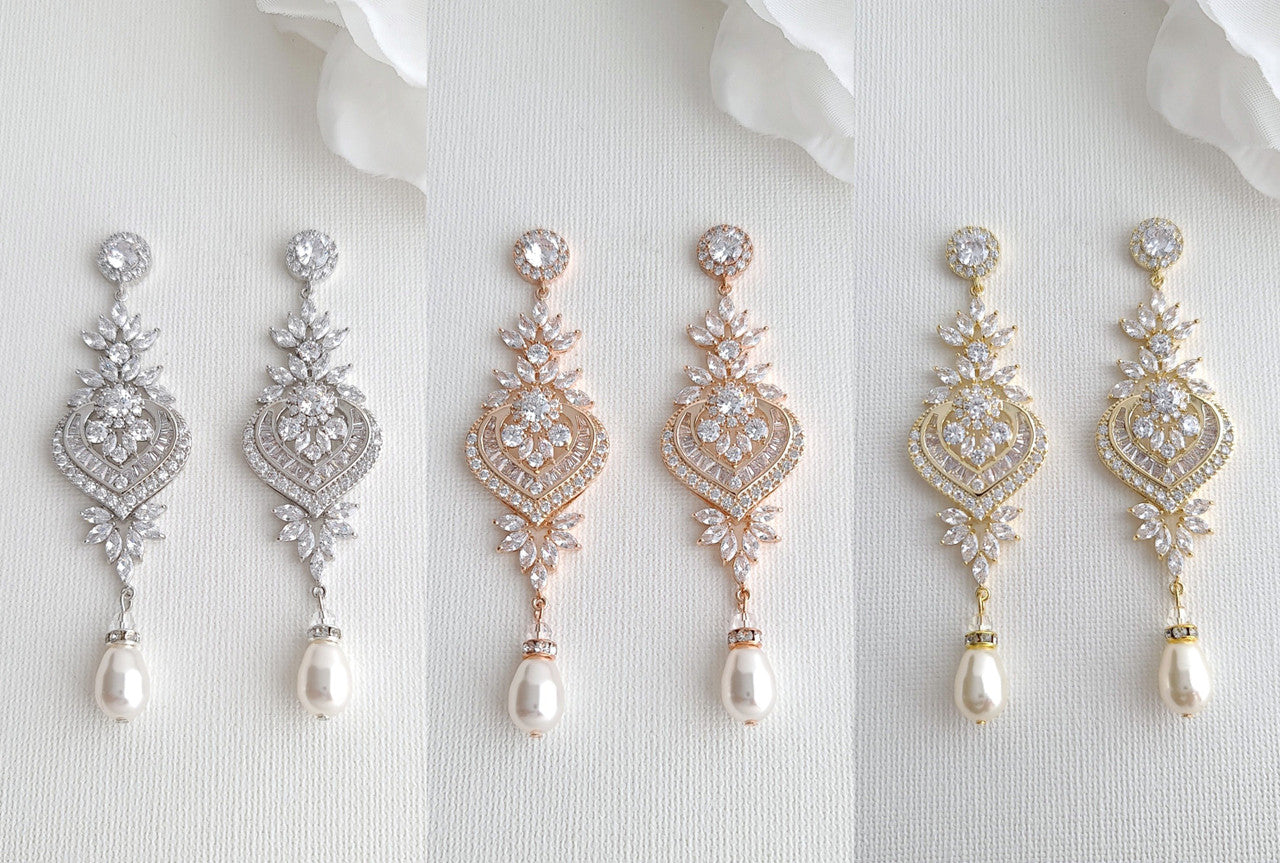 3 Tones Silver, Gold and Rose Gold Wedding Earrings- Poetry Designs