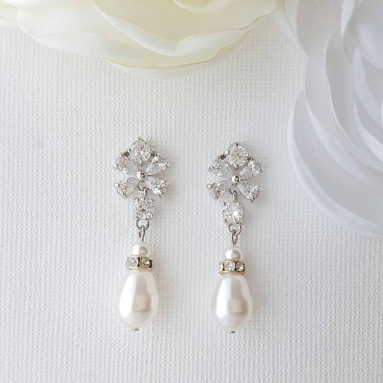 Pearl Drop Earrings for Weddings with Flower Ear Posts-Lila