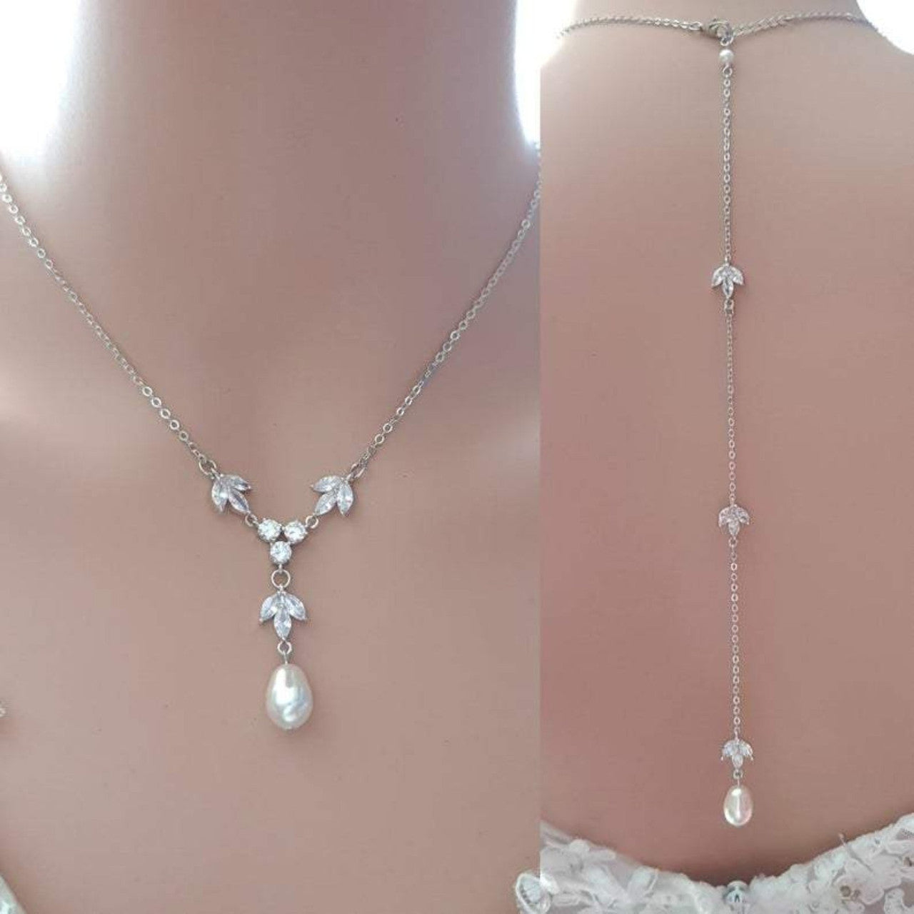 Simple Bridal Jewellery Set-3 Pcs- Silver & Pearl- Leila