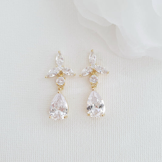 Gold Flower Drop Earrings In Crystals-Flora