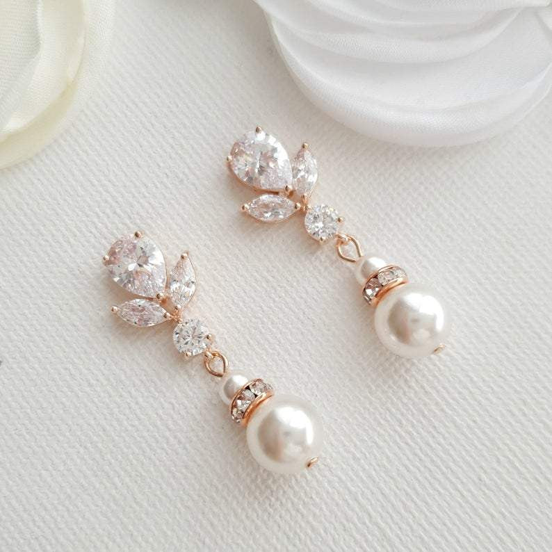 Gold Earrings for Weddings with Pearl Drops-Nicole