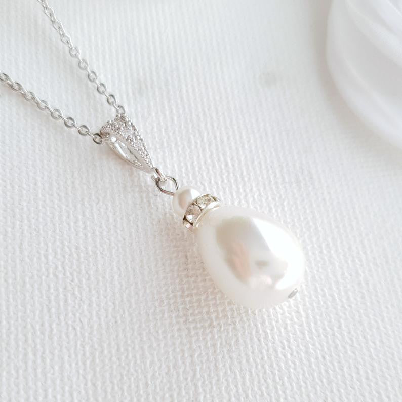teardrop pearl necklace for weddings in silver and  pearl- Poetry Designs