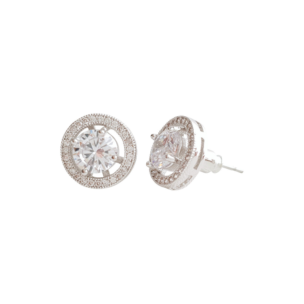 Gold Round Stud Earrings in Cubic Zirconia- Denise