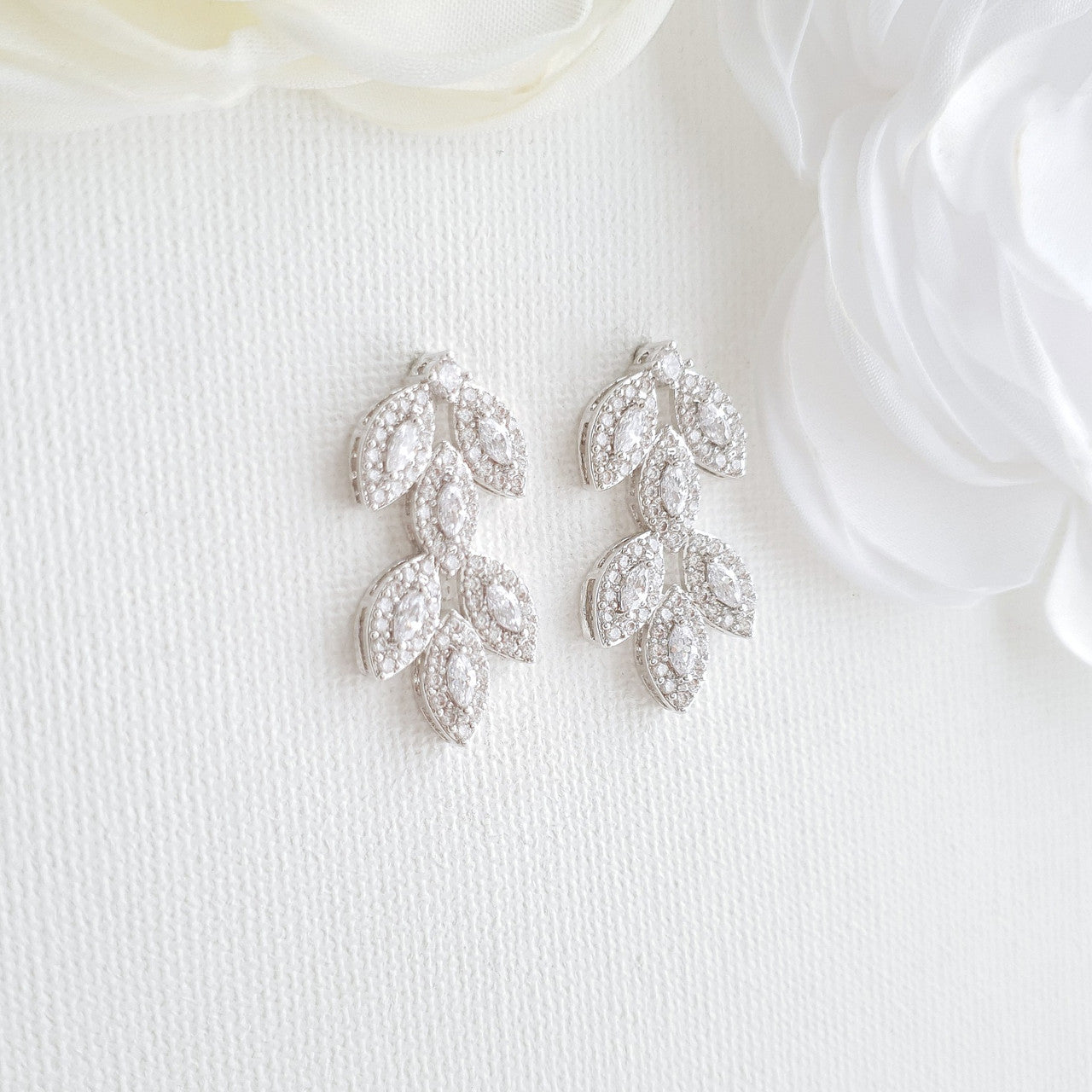 Cubic Zirconia Silver Leaf Stud Earrings- Poetry Designs