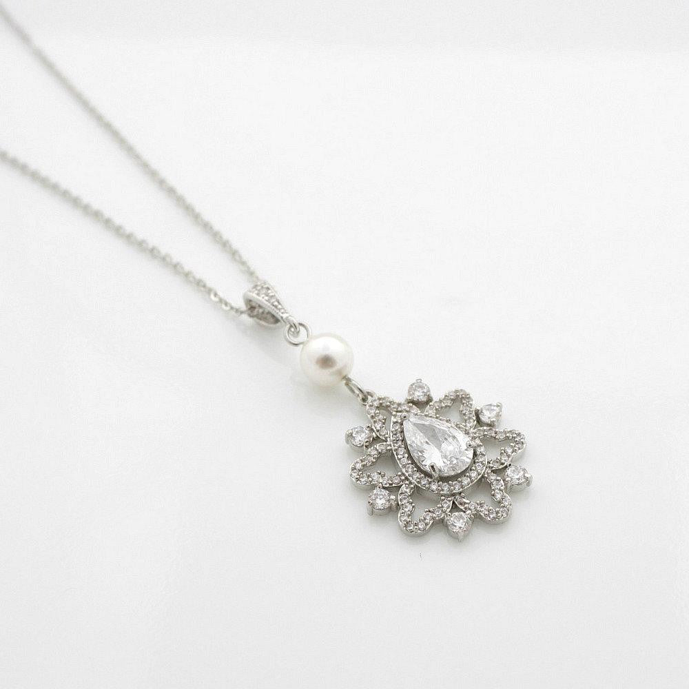Bridal Necklace, Pendant Wedding Necklace, Crystal Drop Bridal Necklace, Pearl Silver Pendant Necklace, Bridal Jewelry, Fiona
