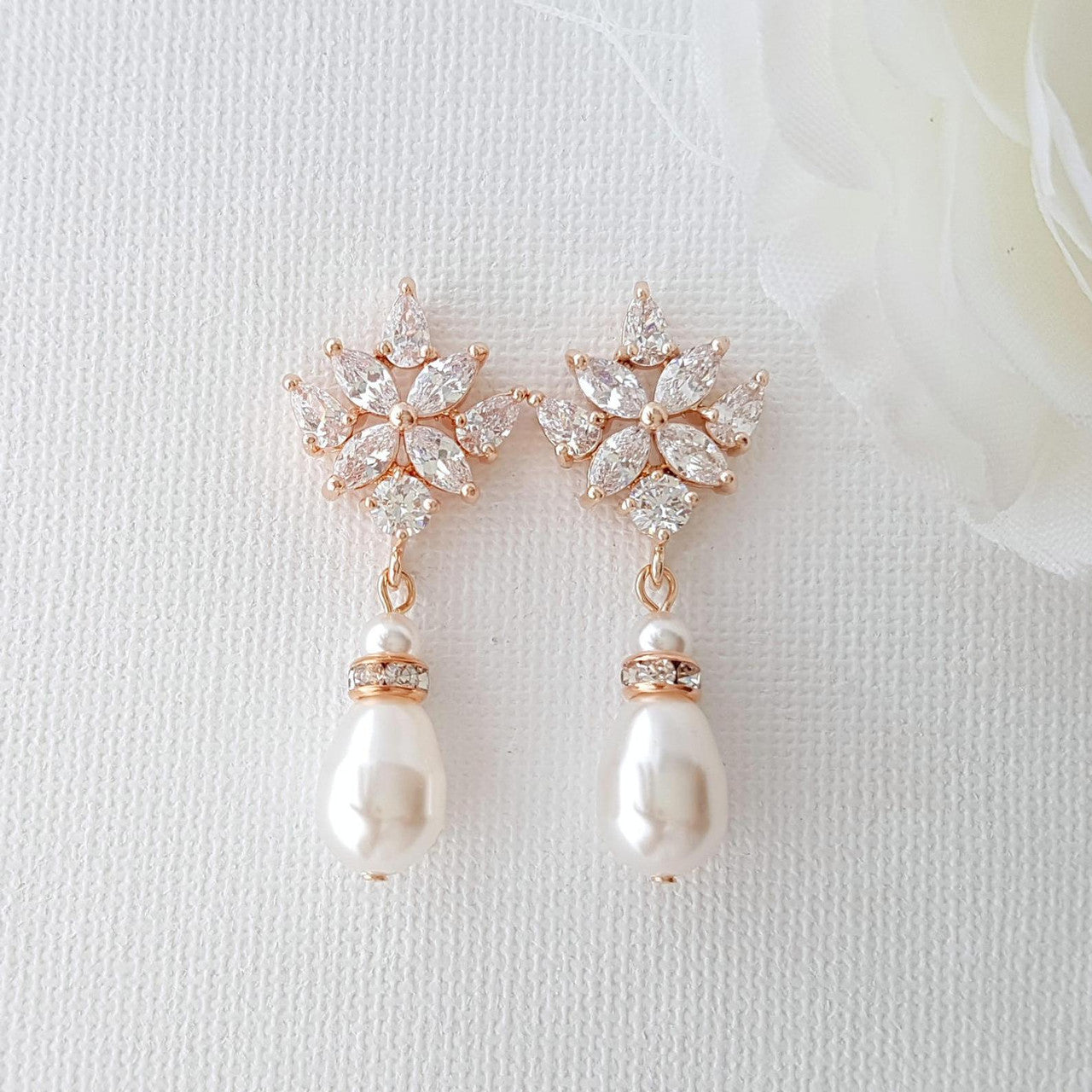 Crystal Bridal Earrings with Pearl Drop- Rosa
