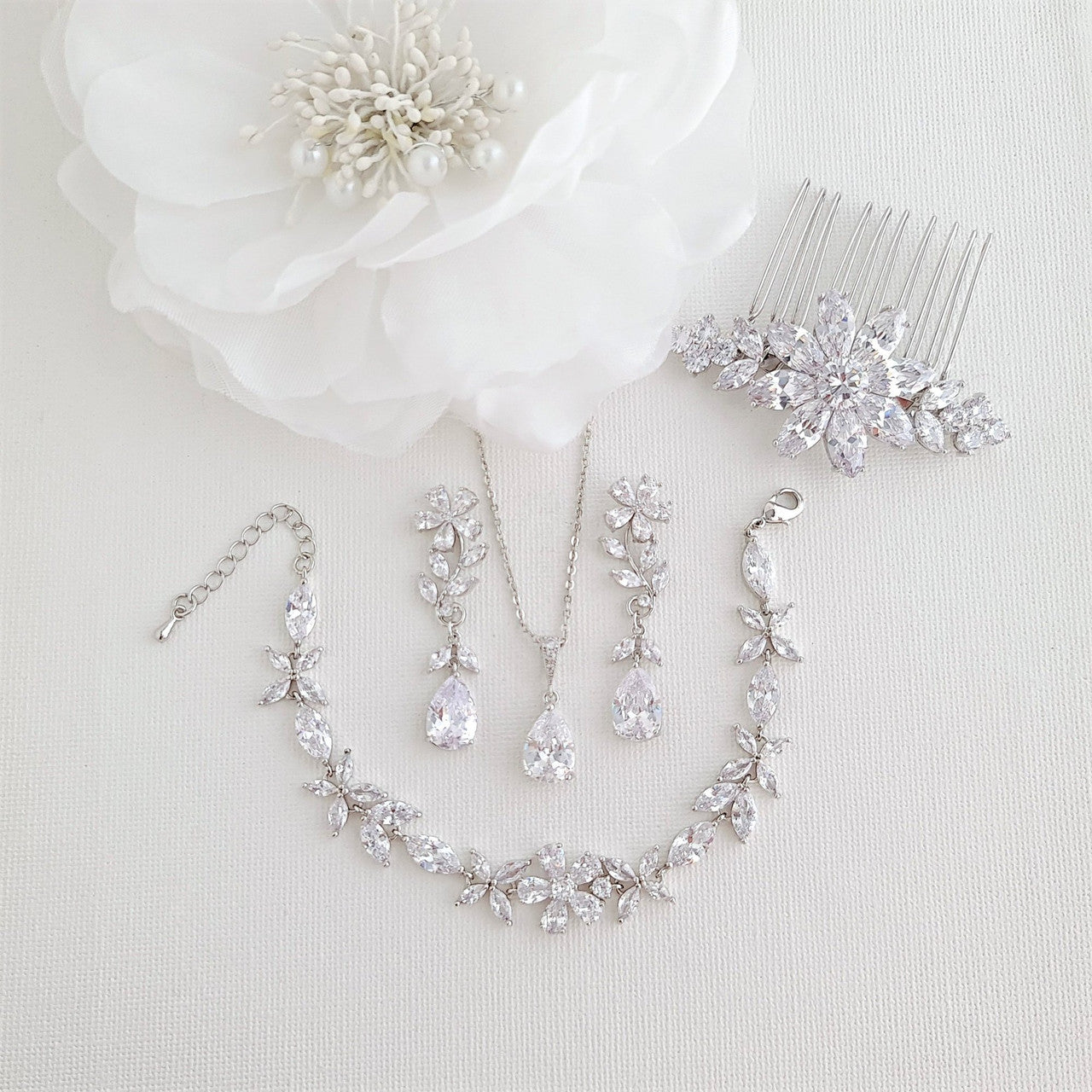 Gold Bridal Jewelry Set Earrings Necklace Bracelet Hair Comb-Daisy