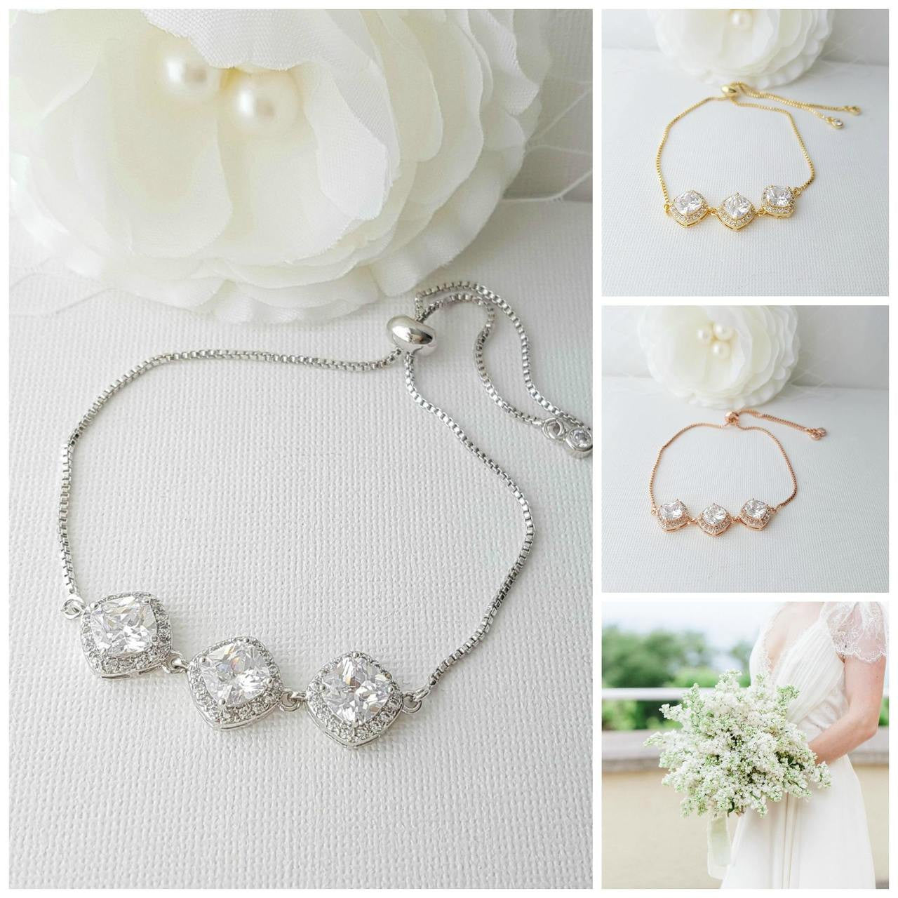 Gold Bracelet for Brides in Rhombus Cubic Zirconia- Celia