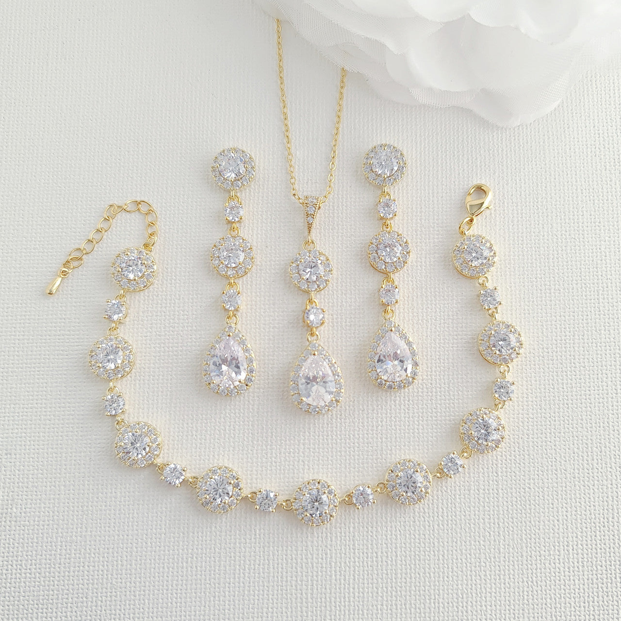 Jewellery Set of Gold Earrings Necklace Bracelet for Your Wedding Day-Reagan