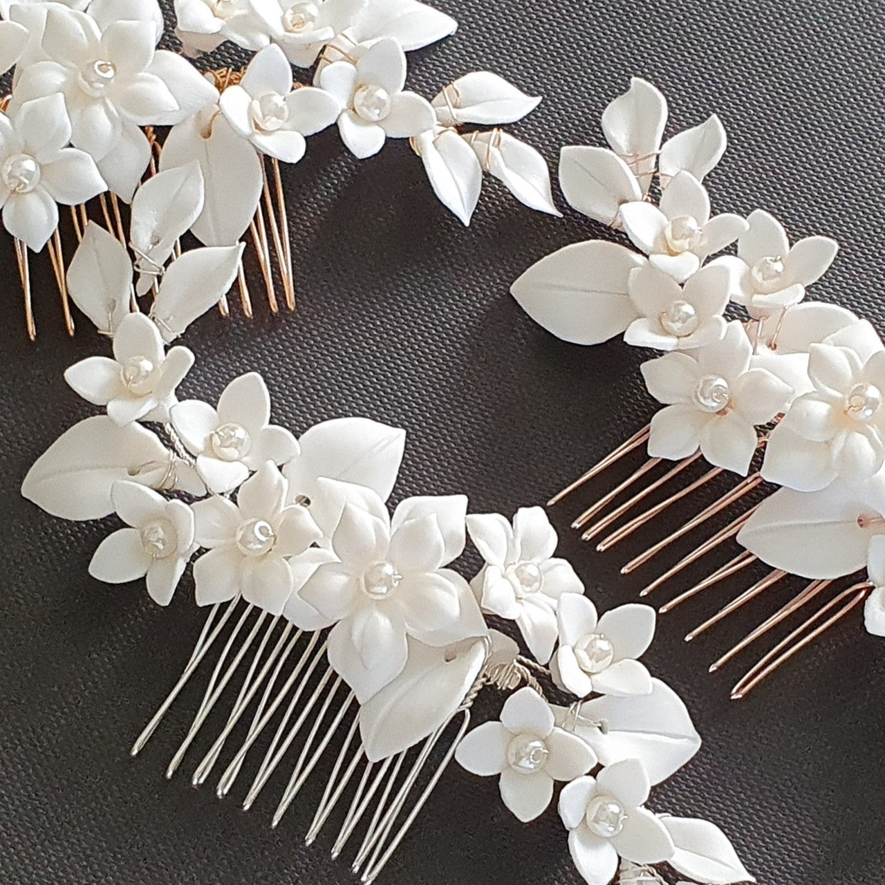 Floral Hair Comb For Brides in Rose Gold- Snow Drops