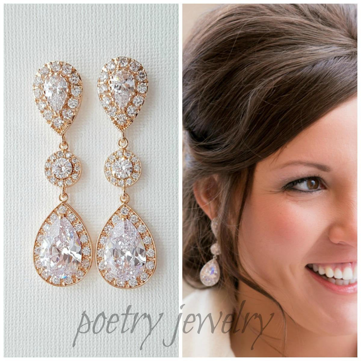 Teardrop Rose Gold Bridal Earrings-Penelope