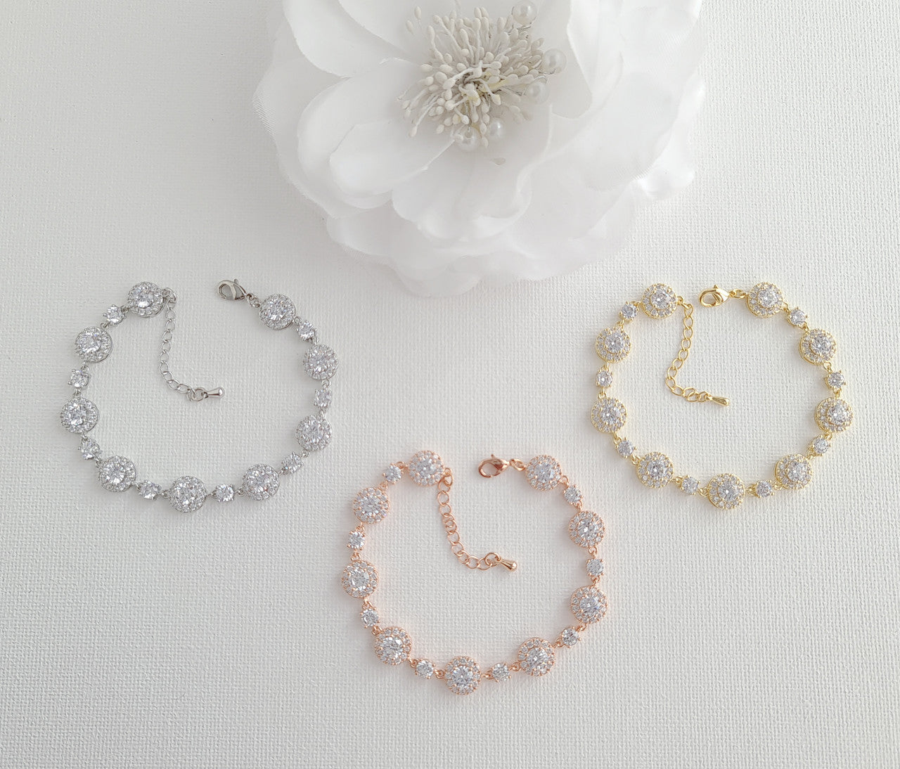Round Crystal Earrings and Bracelet Set in Gold for Brides-Reagan