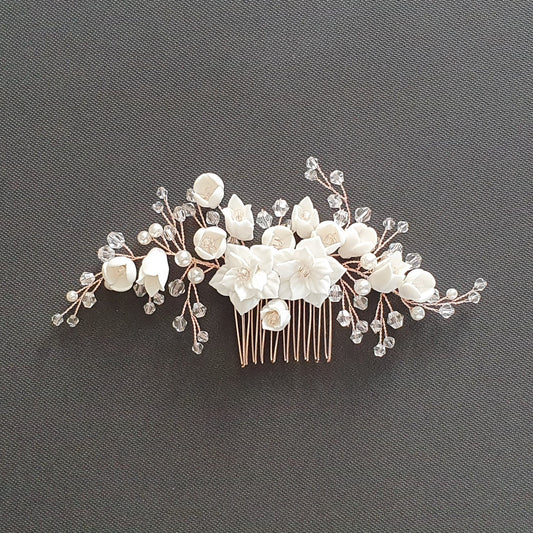 Rose Gold Hair Piece with White Ceramic Flowers-Tulip