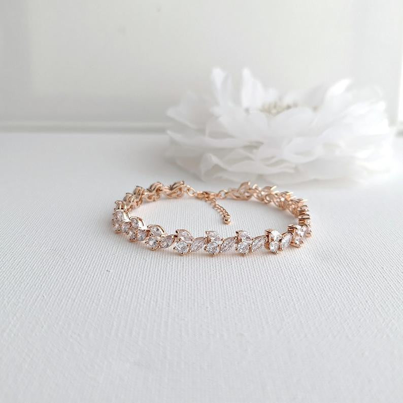 Bridal Tennis Bracelet With Gold Metal and Cubic Zirconia Leaf-Debra
